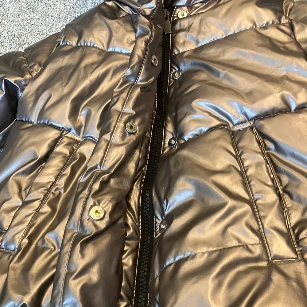 Abercrombie Kids Metallic Bronze Hooded Puffer Jacket Faux Fur Lined Size 5/6